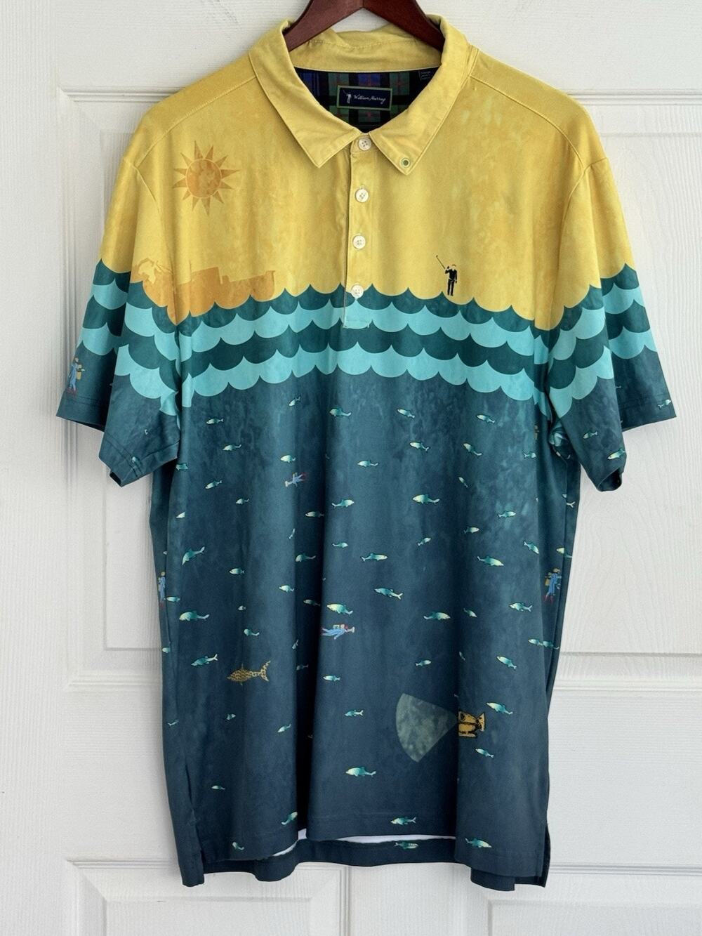 William Murray Polo Shirt Sz XL Graphic Print Ocean Scuba Fish Golf Blue Yellow